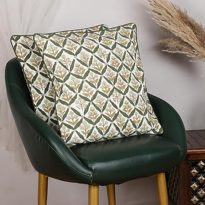 SheetKart Pure Cotton Throw Pillow Covers - Set of 2 - Hand Block Pure Cotton Printed Boho Decorative Pillow Covers - Cushion Covers for Living Room, Bohemian Theme, 16 x 16 Inches, Sagewood Olive