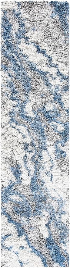 SAFAVIEH Horizon Shag Collection Runner Rug - 2' x 7', Grey & Blue, Modern Abstract Design, Non-Shedding & Easy Care, 2-inch Thick Ideal for High Traffic Areas in Living Room, Bedroom (HZN890G)