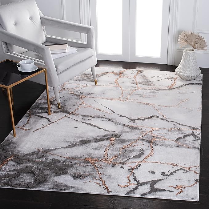 SAFAVIEH Craft Collection Area Rug - 5'3" Square, Grey & Orange, Modern Abstract Marble Pattern Design, Non-Shedding & Easy Care, Ideal for High Traffic Areas in Living Room, Bedroom (CFT877P)