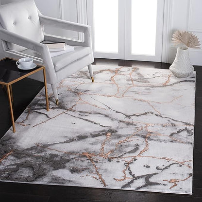 SAFAVIEH Craft Collection Area Rug - 5'3" Square, Grey & Orange, Modern Abstract Marble Pattern Design, Non-Shedding & Easy Care, Ideal for High Traffic Areas in Living Room, Bedroom (CFT877P)