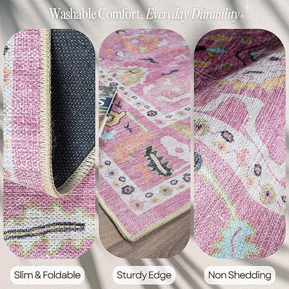 Fame Rugs Pink Modern Oushak Rug 3x5, Washable Vintage Turkish Colorful Oriental Antique Inspired Foldable Small Area Rugs, Luxury Living Room Bedroom (995PP, 2'6" x 5')