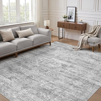 Grey Rug 5x7 Area Rugs: Washable Boho Large Vintage Neutral Soft Rug Stain Resistant Farmhouse Non-Slip Indoor Floor Carpet for Living Room Bedroom Playroom Office Dining Room Apartment Dorm