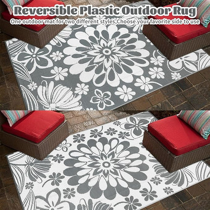 Ileading Outdoor Plastic Straw Rug 9x12ft Funny Floral Style Reversible Patio Area Rugs Waterproof Non Shedding Portable Carpets for Rv Outside Deck Pool Beach Picnic Camping (Grey)