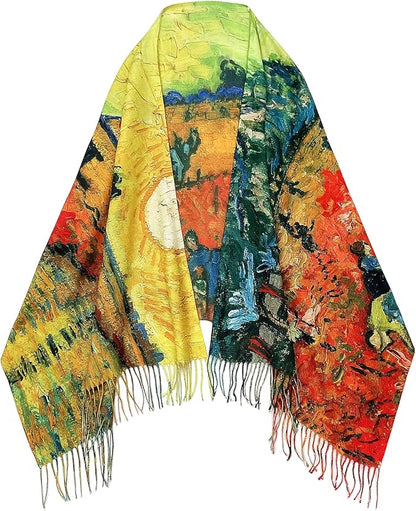VENVSBEE Reversible Scarf Soft Large Shawl Wrap Blanket Double Sided Art Print Warm Pashmina Stoles Klimt Van Gogh Gifts