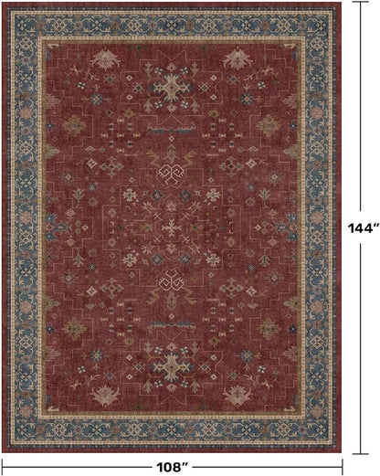 Oriental 9x12 Soft Rugs for Living Room - Dark Red Rugs for Bedroom Aesthetic, Dining Room Under Kitchen Table, Washable Soft Non Slip Large Area Vintage Décor