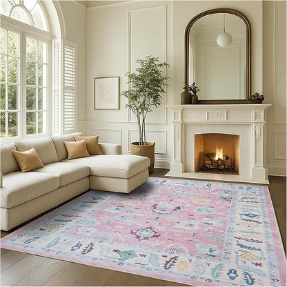 Fame Rugs Pink Modern Oushak Rug 8x10, Vintage Turkish Colorful Oriental Washable Antique Inspired Large Area Rugs, Luxury Living Room Bedroom (385PB, 7'6 x 10')