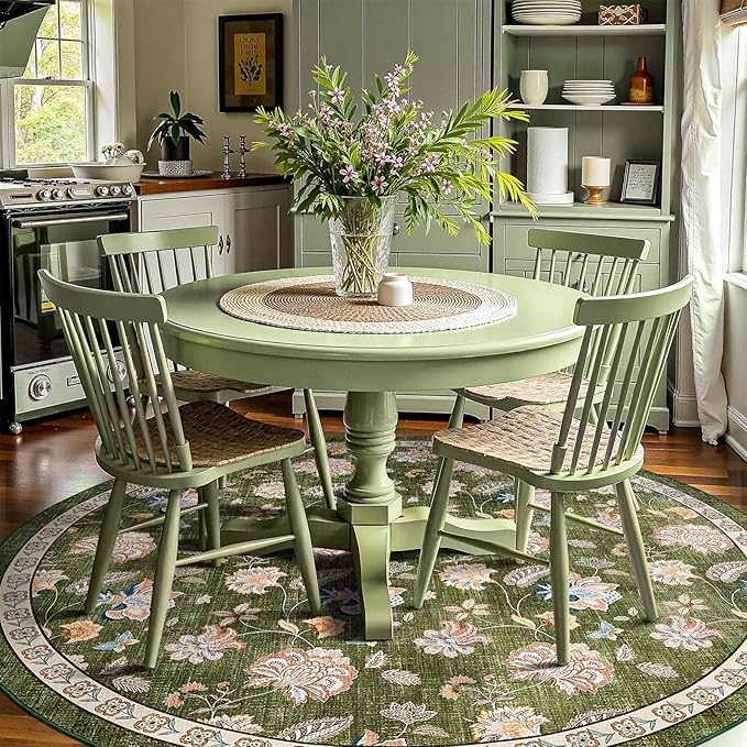 jinchan Elora 7ft Floral Round Rug for Washable Living Room Rug Vintage Romance Christmas Design Non Slip Indoor Floor Cover Lightweight Low-Profile Throw Carpet for Bedroom Porch Patio, Green