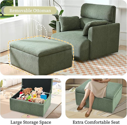 Modern Oversized Accent Chair with Storage Ottoman & Side Pillows, Snowflake Fleece Upholstered Chaise Lounge Chair, Deep Seat Reading Chair for Living Room, 350lbs Capacity