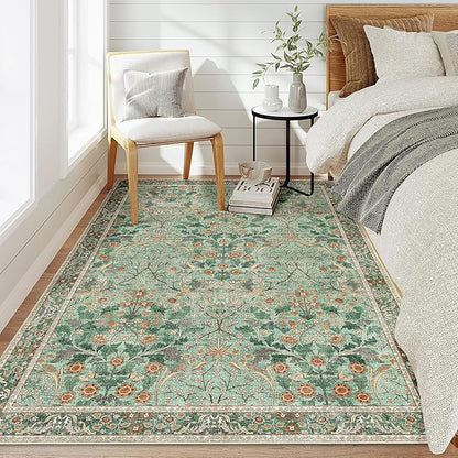 MUJOO 3x5 Green Rug Washable,Floral Area Rug for Bedroom Office Entryway Living Room Bedside,Small Throw Carpet Boho Non Slip Indoor Floor Botanical Vintage Ultra-Thin