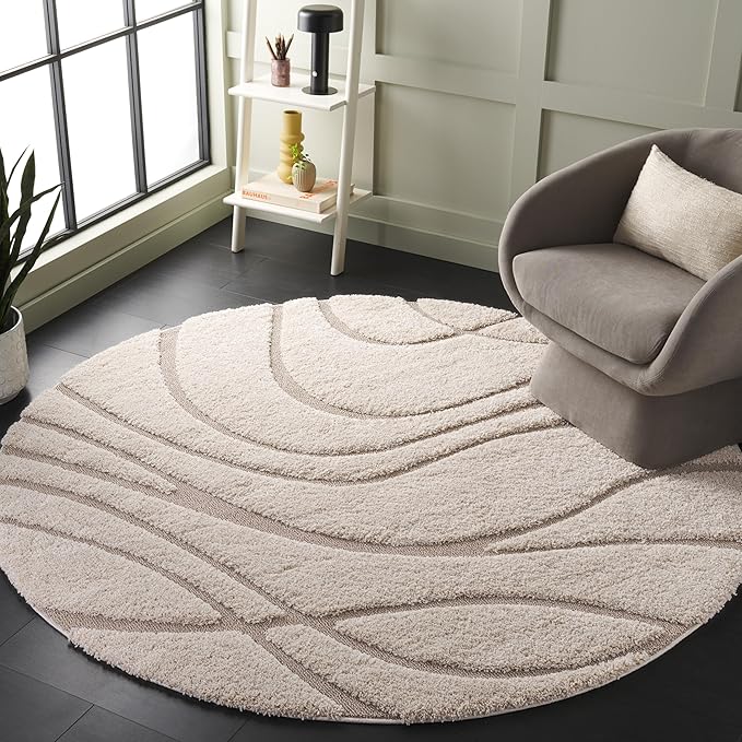 SAFAVIEH Florida Shag Collection 8' Round Cream/Beige SG471 Abstract Wave Non-Shedding Living Room Bedroom 1.2-inch Thick Area Rug