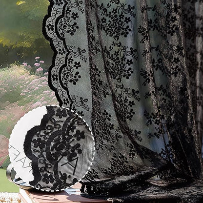 Anmao Vintage Lace Curtains 80 Inches Long 2 Panels Set, Romantic Elegant Light Filtering Semi Sheer Floral Thick Lacy Curtain Drapes for Living Room and Bedroom, Each Panel 55W x 80L, Black
