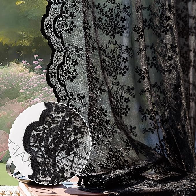 Anmao Vintage Lace Curtains 54 Inches Long 2 Panels Set, Romantic Elegant Light Filtering Semi Sheer Floral Thick Lacy Curtain Drapes for Living Room and Bedroom, Each Panel 55W x 54L, Black