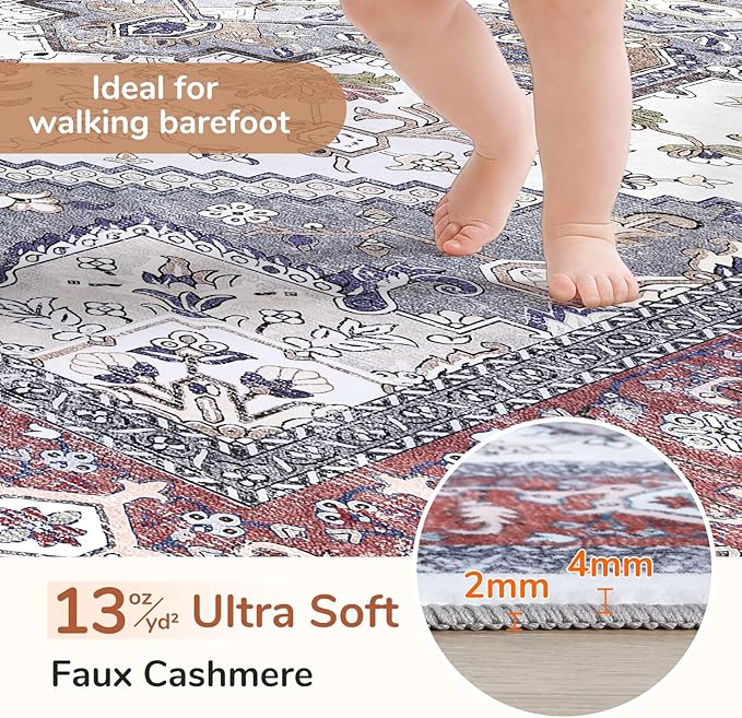 OPPODREAM Thin Entryway Rug 2x6, 2x6 Rug Runner, Washable Hallways Carpet 2 x 6 with Non Slip Backing, Low-Pile Bedside Carpet 2 x 6, Long, Faux Cashmere, Red & Grey