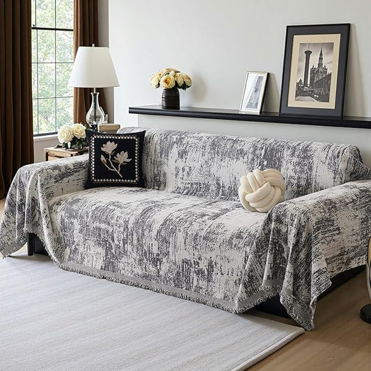 MEETSKY Couch Cover Boho Sofa Covers Couch Covers for 3 Cushion Couch Sofa Pet Friendly, Washable Abstract Geometric Sofa Slipcover L-Shape Sectional Sofa Cover with Tassel, 91" x 134", Deep Grey