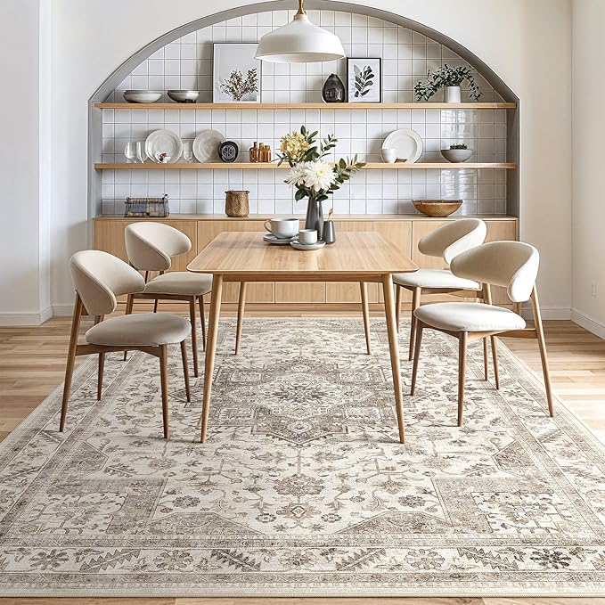 Vintage Living Room Area Rug 9x12 - Large Soft Washable Oriental Traditional Distressed Farmhouse Rugs for Bedroom - Indoor Floor Accent Carpet for Home Office House Decor - Light Brown