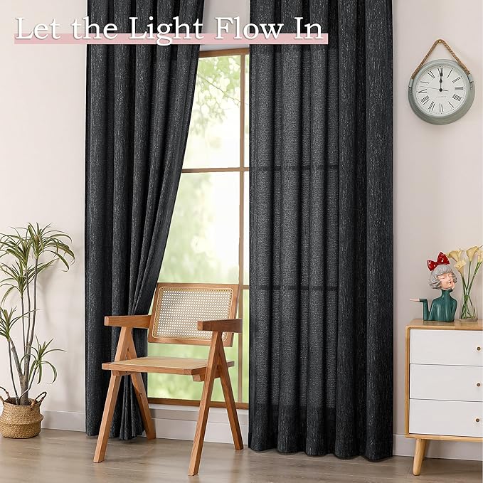 Simplebrand Black Semi Sheer Faux Linen Textured Curtains 54 Inch Length 2 Panels Set, Rod Pocket Farmhouse Short Curtain Drapes for Dinning Small Windows Bathroom Bedroom, Each 40Wx54L in, Black
