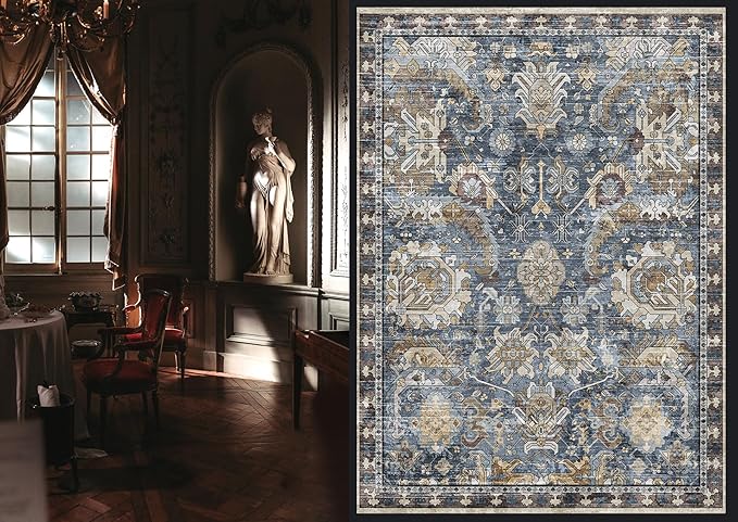 RUGSURE Washable Area Rugs - Stain & Water Resistant Non-Slip Backing - Pet & Child Friendly Vintage Tribal Design in Navy with Beige, Brown & Gold Accents - Ideal for Living Room (8' x 10')