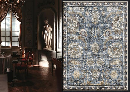RUGSURE Washable Area Rugs - Perfect for Living Room, Bedroom, Kids Room, Nursery - Stain & Water Resistant Non-Slip, Pet & Child Friendly, Vintage Tribal Area Rugs (Navy, 6' x 9')