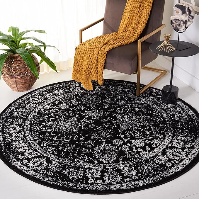 SAFAVIEH Adirondack Collection Area Rug - 4' Round, Black & Ivory, Distressed Vintage Floral Design, Non-Shedding & Easy to Clean, Ideal for Living Room, Bedroom, Dining (ADR109Z)