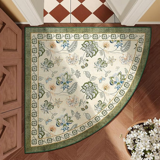 jinchan Elora Floral Corner Rug for Entryway Washable Rug Vintage Romance Christmas Design Non Slip Quarter Circle Lightweight Low-Pile Throw Carpet for Playroom Nook Nursery 4ft Radius, Green/Beige