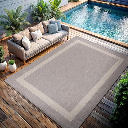 CAMILSON Outdoor Rug 9x12,Large Modern Outside Rugs for Patios Porches Waterproof Durable Washable Non-Shedding, Easy-to-Clean Indoor Outdoor Area Carpet (9 x 12, Bordered - Gray/White)