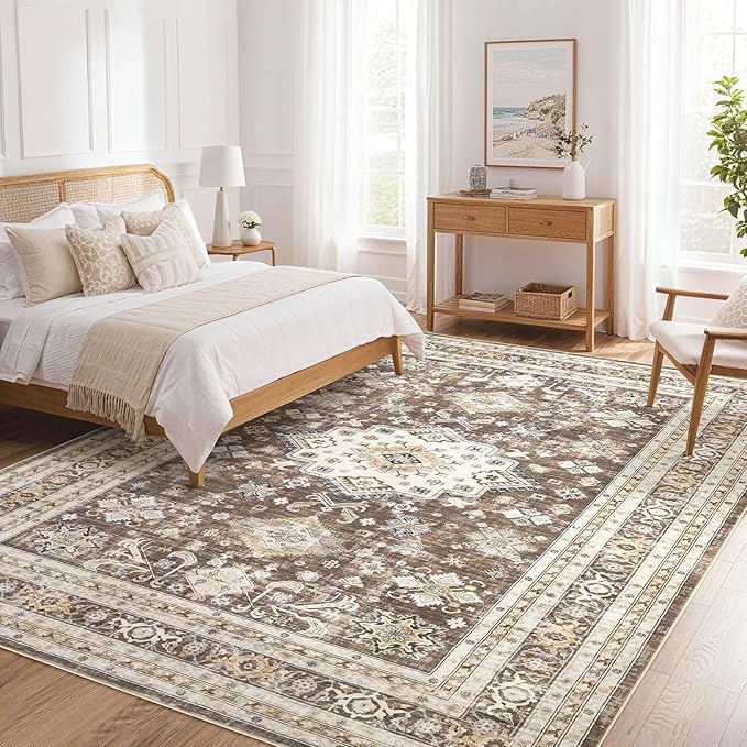 Vintage Living Room Area Rug 8x10 - Large Soft Washable Oriental Traditional Distressed Farmhouse Rugs for Bedroom - Indoor Floor Accent Carpet for Home Office House Decor - Dark Brown