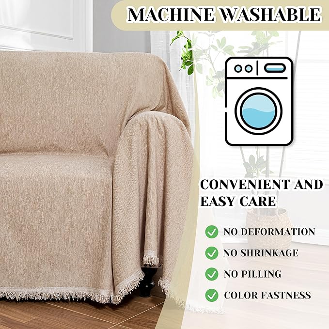 MEETSKY Sofa Covers Armchair Single Couch Cover for Dogs,Throw Couch Cover with Tassel Recliner Chair Recliner Cover Washable 1 Cushion Couch Chenille Couch Protector, 71"x 91", Khaki
