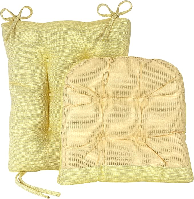 Klear Vu Omega Non-Slip Rocking Chair Cushion Set, Assembled in USA, Thick Padding & Tufted Design, Includes Seat Pad & Back Pillow with Ties, 17x17 Inches, 2-Piece Set, Solid Yellow