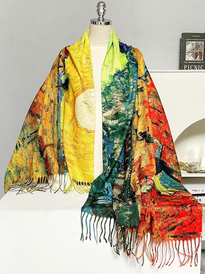 VENVSBEE Reversible Scarf Soft Large Shawl Wrap Blanket Double Sided Art Print Warm Pashmina Stoles Klimt Van Gogh Gifts