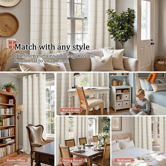 Sage Green Linen Blackout Curtains for Living Room - Boho Plaid Pattern Thermal Insulated Grommet Cottage Core Window Treatments Rustic Drapes for Farmhouse, 52x84 Inch 2 Panels