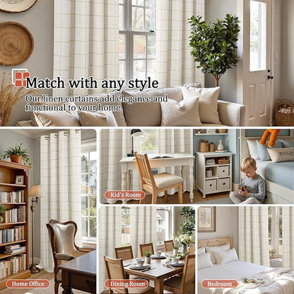 Sage Green Linen Blackout Curtains for Living Room - Plaid Patterned Curtains 72 Inch Long, Boho Black Out Thermal Insulated Drapes for Bedroom Grommet Style 52x72 Inch 2 Panels
