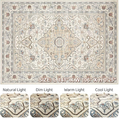 9x12 Area Rug Living Room: Washable Boho Large Neutral Vintage Soft Rugs Stain Resistant Farmhouse Non Slip Indoor Floor Carpet for Bedroom Nursery Kids Playroom Office Dining Room- Cream Blue