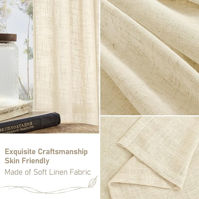 LAMIT Short Window Linen Curtains 48 Inch Length 2 Panels, Beige Light Filtering Panels Back Tab and Rod Pocket Neutral Drapes for Bathroom/Loft Room, 34 x 48 Inch