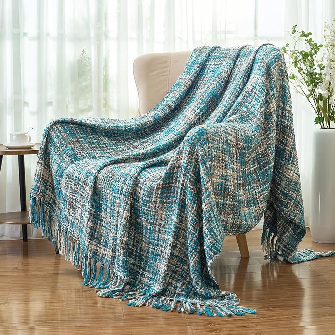 Multi-Color Teal Cable Knitted Throw Blanket for Couch,50"X60" Boho Style Textured Blankets for Home Decor,Super Soft Warm Cozy Chunky Knit Blanket with Decorative Tassels for Bed and Sofa