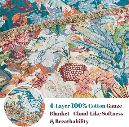MSGKV Boho Throw Blanket for Couch 100% Cotton Floral Blanket 50"x60" Sofa Bed Chair Blanket All Seasons Farmhouse Muslin Breathable Lightweight Blankets Home Decor