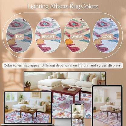 Fame Living Pink Oushak Rug, Modern, Vintage, Turkish, Eclectic, Floral, Pastel, Washable, Oversized, Extra Large Area Rugs for Living Room, Dining, Bedroom, Lounge 9'5"x14'