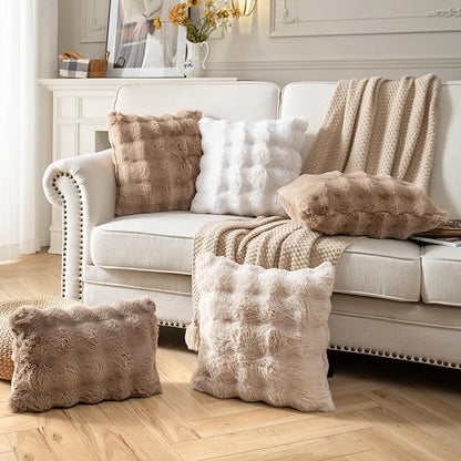 Pack of 2 Thick Plush Throw Pillow Covers Fluffy Wave Faux Fur Decorative Cushion Covers Soft Wool Pillowcase for Sofa Couch Livingroom 16x16 Inch Camel