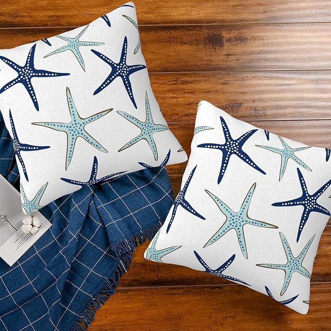 Throw Pillow Covers Nautical Starfish Pillow Covers 18x18 Inch Set of 2 Navy Blue and Turquoise Sea Stars Throw Pillows Decorative Pillow Cases Cushion Covers for Bedroom Livingroom