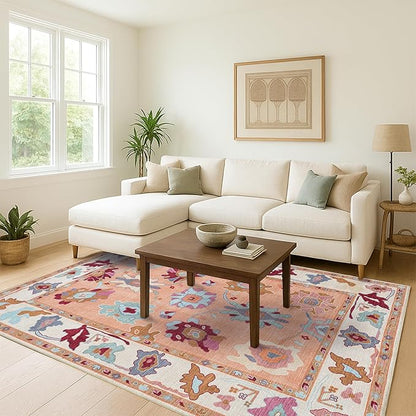 Fame Living Orange Oushak Rug, Vintage Turkish Eclectic Floral Sweet Pastel Large Runner Rugs for Hallway Kitchen Living Room Dining Bedroom Kitchen Bathroom 2'5"x13'