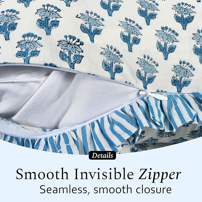 CPC Apatite Blue 100% Cotton Block Print Ruffle Sham Cover 20X36 inch Pack of 2, Handmade Boho Floral Pillowcase, Soft Decorative King Bed Pillow Cover for Bedroom Décor