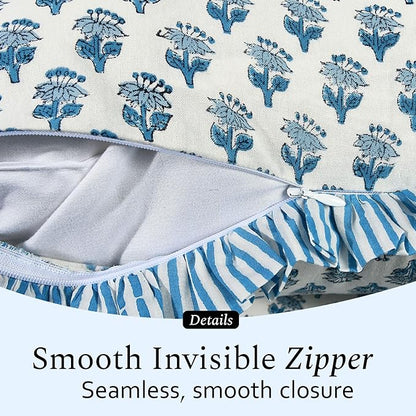 CPC Apatite Blue 100% Cotton Block Print Ruffle Sham Cover 20X36 inch Pack of 2, Handmade Boho Floral Pillowcase, Soft Decorative King Bed Pillow Cover for Bedroom Décor