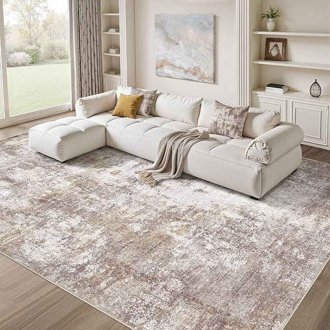 Washable 5X7 Area Rug: Modern Abstract Soft Non-Slip Indoor Rugs Home Decor - Low Pile Stain Resistant Carpet for Living Room Bedroom Dining Room Playroom Office(Golden Brown,5'x7')