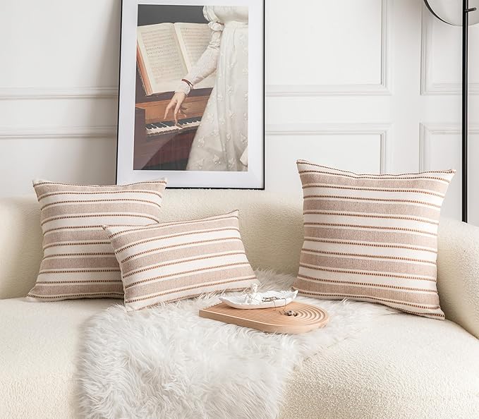 Decorative Boho Throw Pillow Covers, Farmhouse Textured Pillow Case, 22 x 22 Inch Set of 2, Chair Sofa Bedroom Living Room Home Decor Couch Cushion Case, Brown and Beige Striped