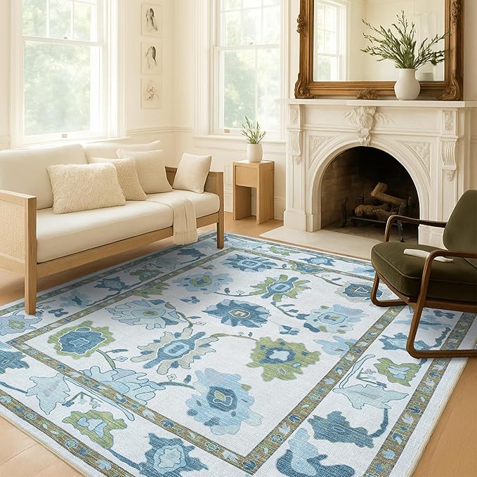 Fame Living Green Oushak Rug, Modern, Vintage, Turkish, Eclectic, Floral, Pastel, Washable, Extra Large Area Rugs for Living Room, Dining, Bedroom, Lounge, 9'x12'