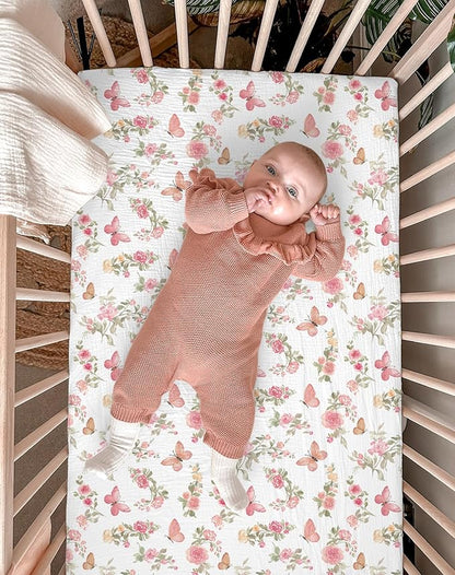 Bassinet Sheet for Baby Boy and Girl 2 Pack, Fitted Sheets for Rectangle, Oval, Hourglass Bassinet Mattress, Muslin Moses Basket Sheets with Neutral Style (Butterfly & Beige)