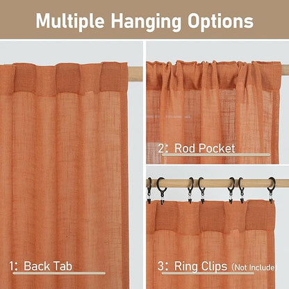 LAMIT 102 Inches Long Linen Curtains for Living Room, Back Tab and Rod Pocket Semi Sheer Curtains Light Filtering Farmhouse Drapes for Bedroom/Dining Room, Burnt Orange, Set of 2, 52 x 102 Inch