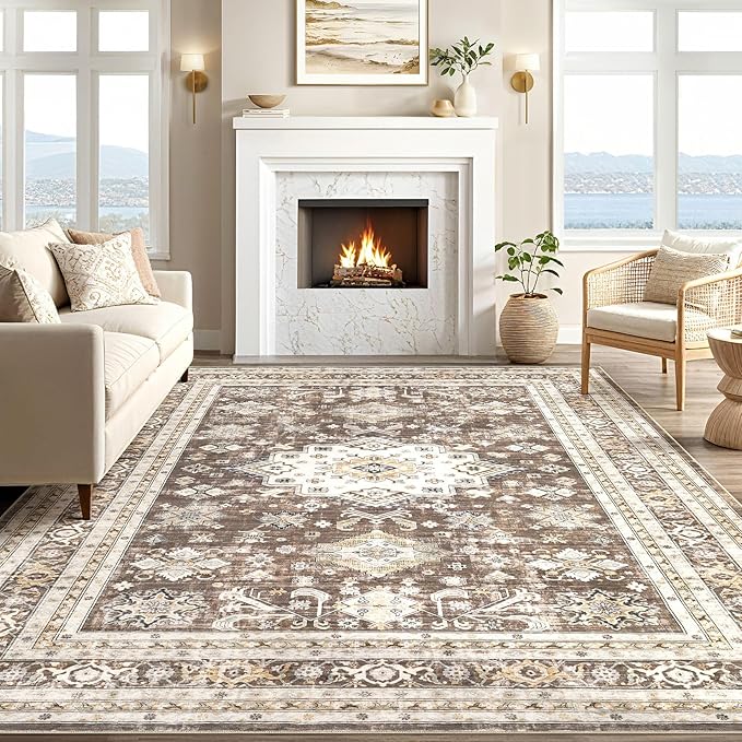 Vintage Living Room Area Rug 5x7 - Large Soft Washable Oriental Traditional Distressed Farmhouse Rugs for Bedroom - Indoor Floor Accent Carpet for Home Office House Decor - Dark Brown