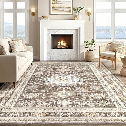 Vintage Living Room Area Rug 12x15 - Large Soft Washable Oriental Traditional Distressed Farmhouse Rugs for Bedroom - Indoor Floor Accent Carpet for Home Office House Decor - Dark Brown