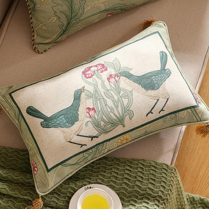 patdrea Designer Pack of 2 Rectangle Throw Pillow Covers,French Vintage Rustic Linen with Green Floral Pattern Pillows Cover,Decorative Lumbar Pillowcases Cushion for Bed Living Room,12"x20"