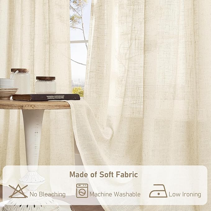LAMIT Beige Linen Curtains for Living Room 80 inch Length, Light Filtering Semi Sheer Panels Back Tab and Rod Pocket Neutral Panels for Bedroom, 2 Panels, 34 x 80 Inch